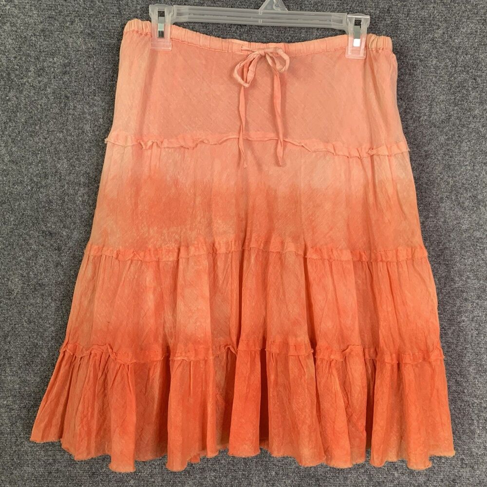 Fashion Fuse Tiered Gauzy Skirt Free Sz Ombré Tie-dyed 100% Cotton Orange Lined